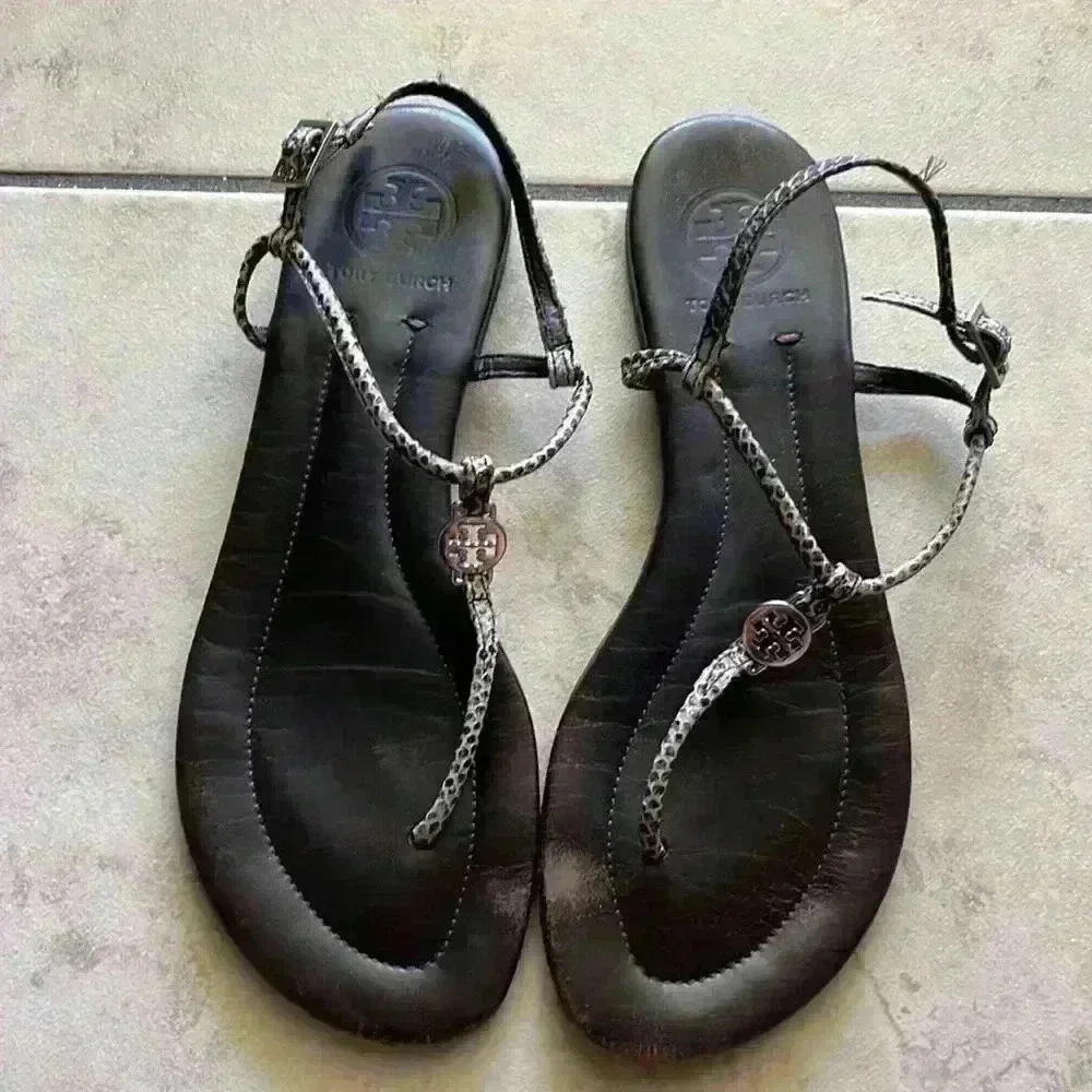 Tory Burch, black animal, print T-strap sandals 8